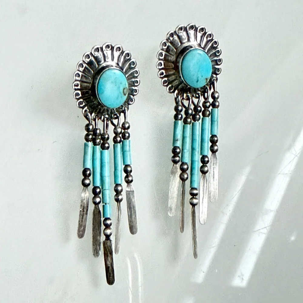 Vtg Signed Q.T Quoc Southwest Style Sterling925 &Turquoise Dangle Earrings 2.25” - Picture 2 of 7